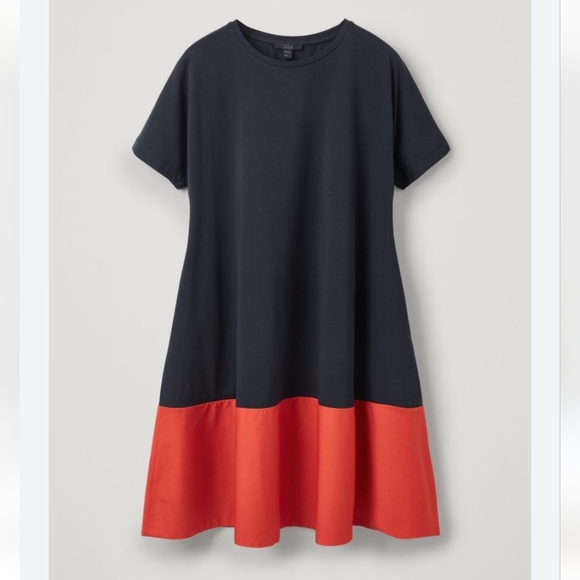 COS navy orange jersey cotton swing colorblock short sleeve cotton dress M - Picture 2 of 10